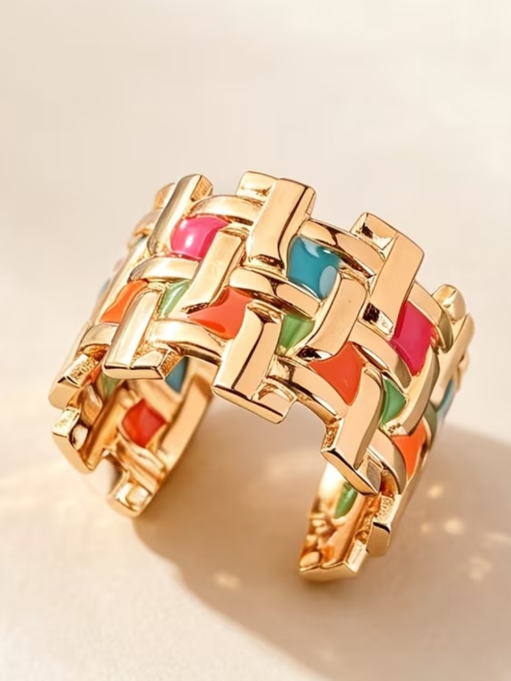 Gold Multi-Color Enamel Link Ring - Women Jewelry